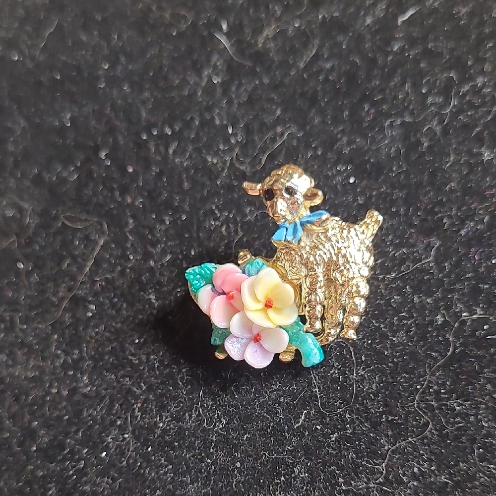 Gold-toned Lamb Brooch with Floral Accents